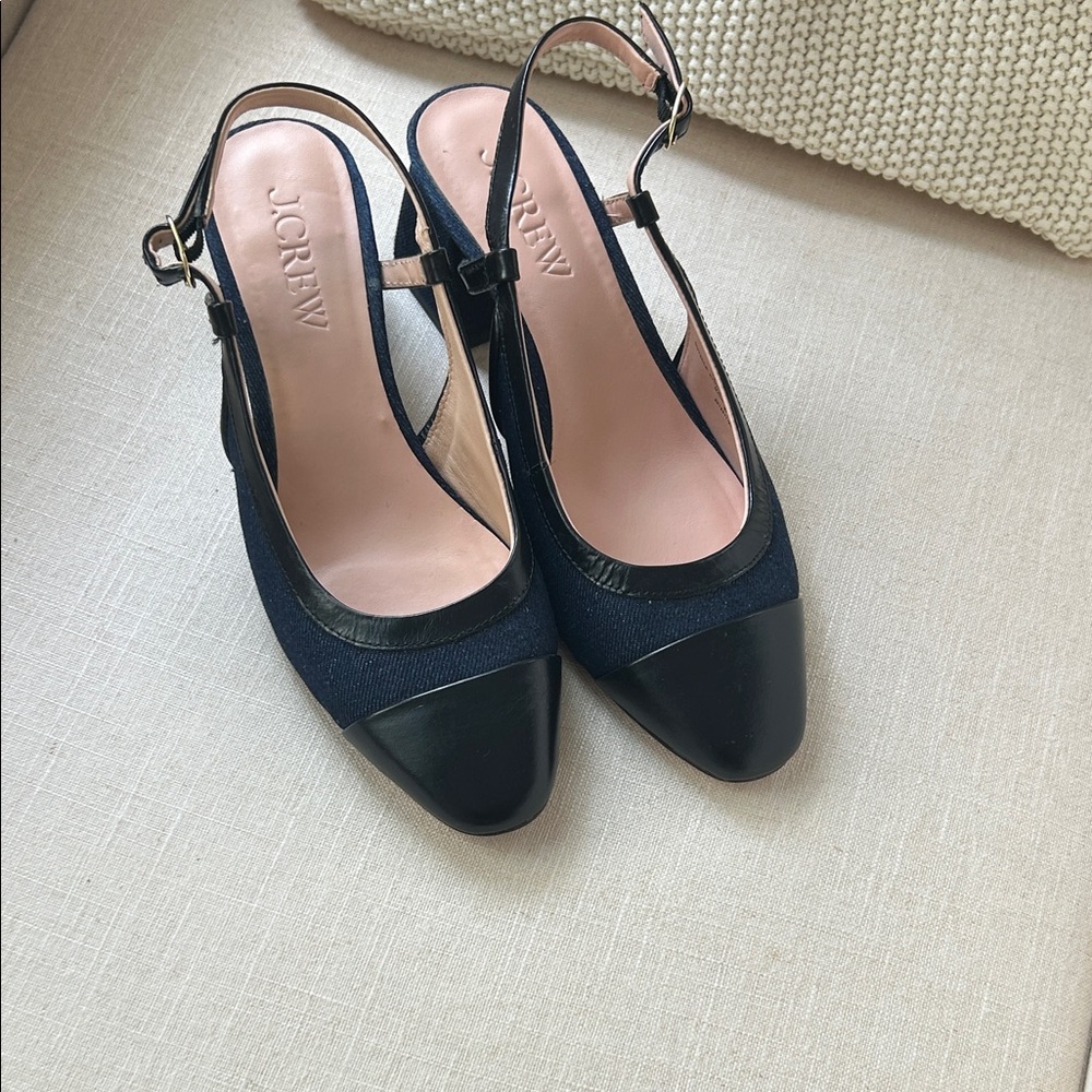 J. Crew Black Cap-Toe Slingback Heels